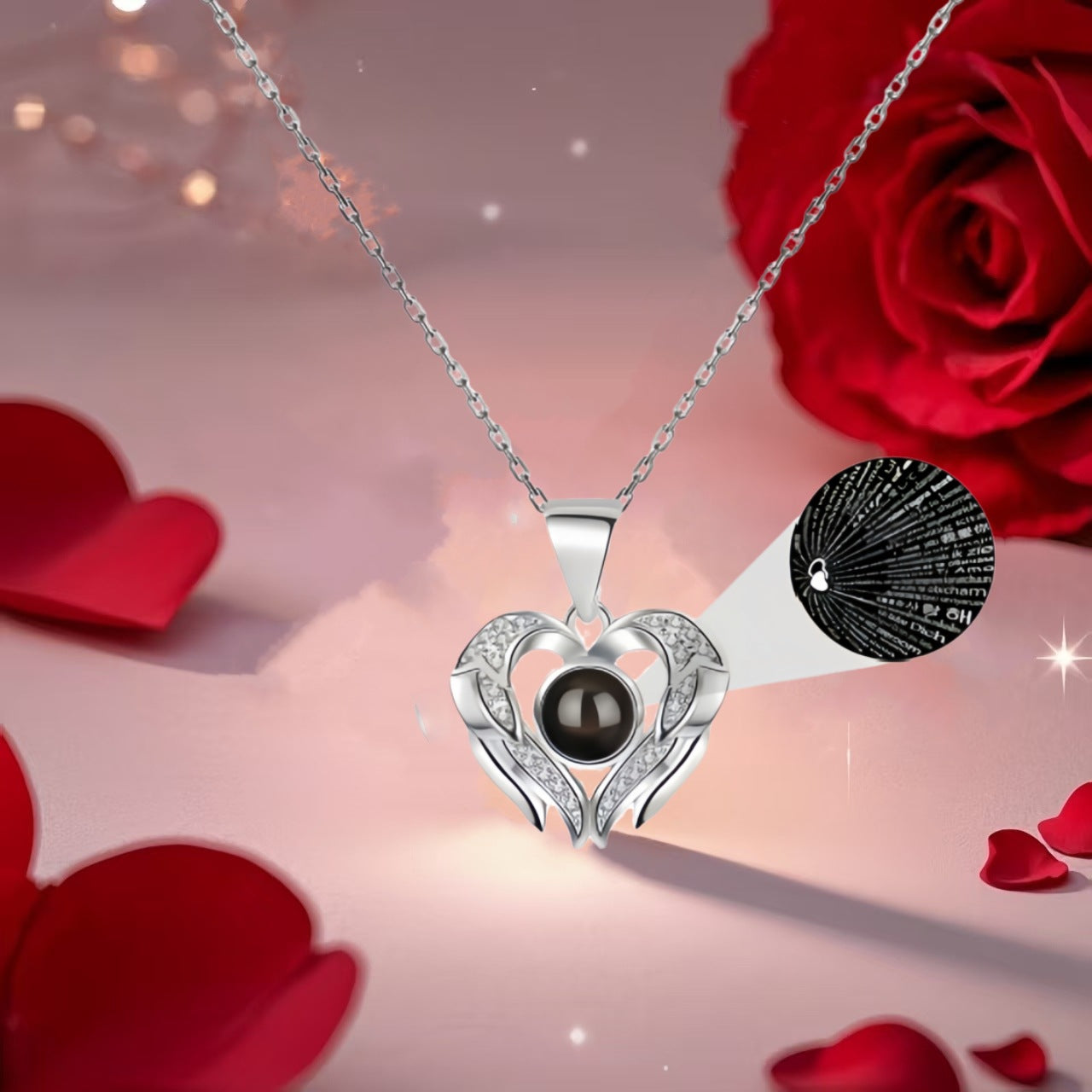 Multilingual I Love You Projection Necklace with Heart Wings